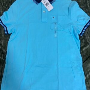Tommy Hilfiger Men’s Aqua Blue Polo with Chest Pocket and Contrast Trim